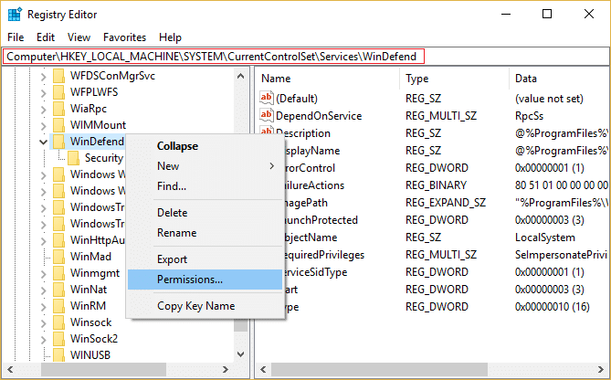 Haga clic derecho en la clave de registro de WinDefend y seleccione Permisos