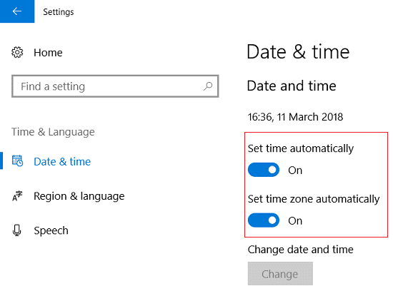 Asegúrese de alternar entre Establecer hora automáticamente y Establecer zona horaria automáticamente esté activado