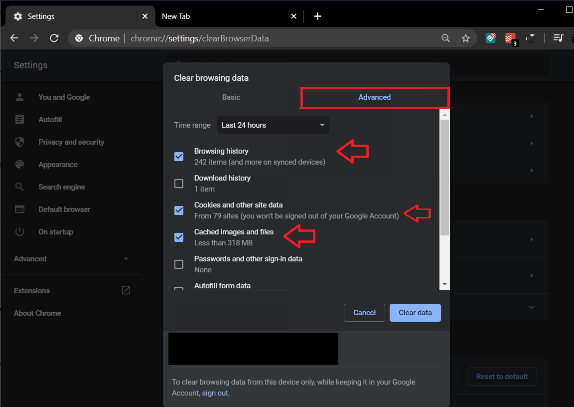 Marque/marque la casilla junto a Historial de navegación, Cookies y otros datos del sitio y Caché de imágenes y archivos