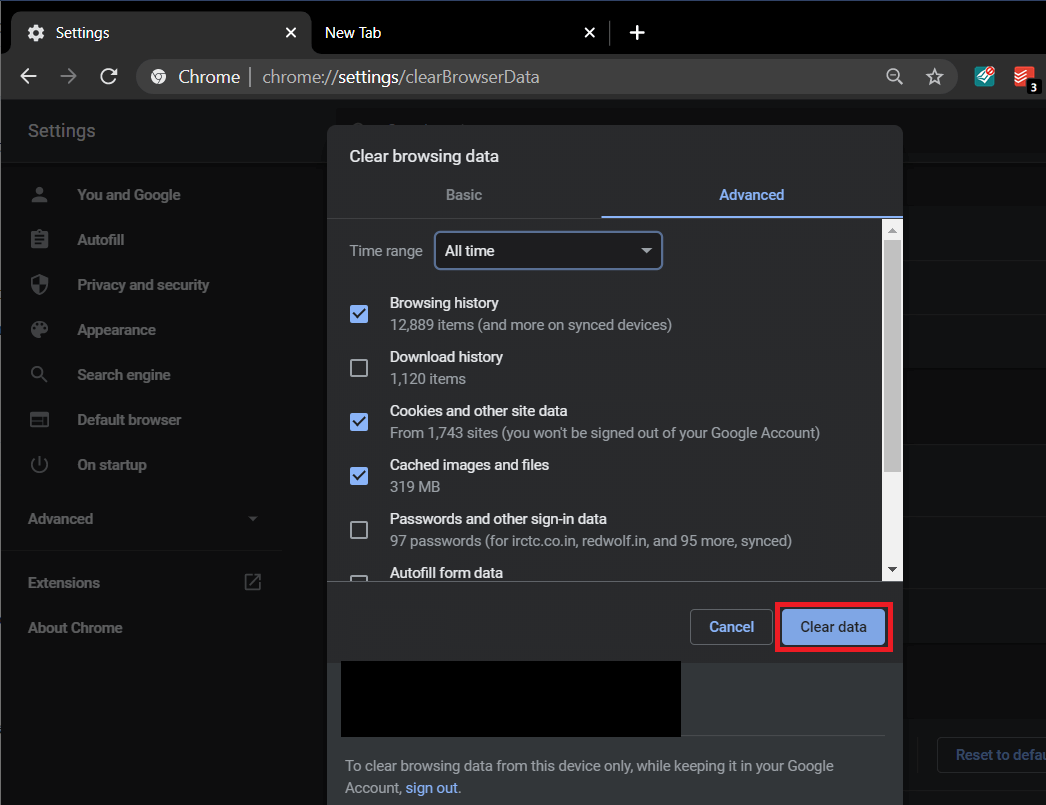 Finalmente, haga clic en el botón Borrar datos | Arreglar Err_Connection_Closed en Chrome