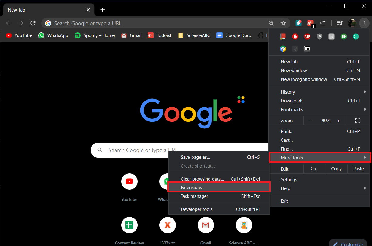 En el submenú Más herramientas, haga clic en Extensiones |  Arreglar su conexión no es un error privado en Chrome