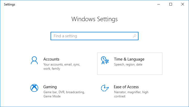 Presione la tecla de Windows + I para abrir Configuración y luego haga clic en Hora e idioma |  Cómo cambiar los formatos de fecha y hora en Windows 10