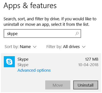 Haga clic en Skype y haga clic en Desinstalar