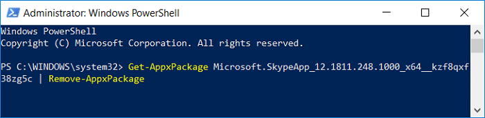 Elimine Skype usando el siguiente comando en powershell Get-AppxPackage PackageFullName |  Quitar AppxPackage