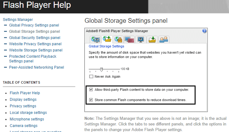 asegúrese de permitir la configuración en Adobe Flash Player