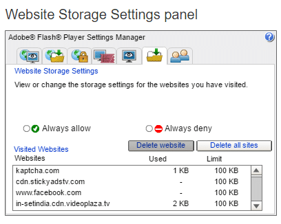 panel de configuración de almacenamiento del sitio web Adobe Flash Player