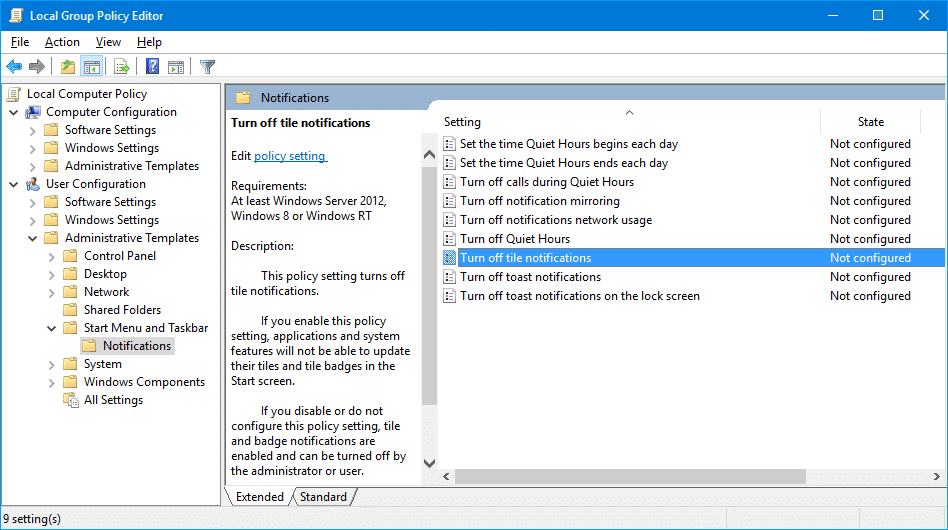 Deshabilitar las notificaciones de mosaico de Windows 10