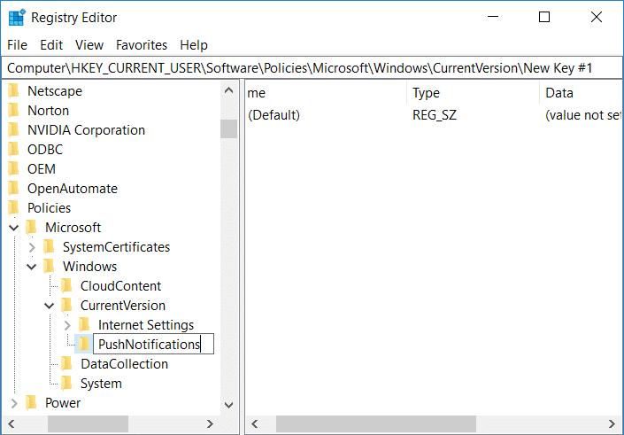 Haga clic con el botón derecho en CurrentVersion, luego seleccione New, luego Key y luego nombre esta clave como PushNotifications