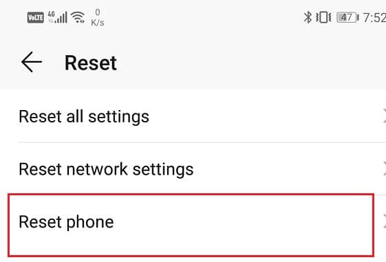 Haga clic en la opción Restablecer teléfono para desactivar el modo seguro en Android