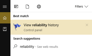 Escriba Confiabilidad y luego haga clic en Ver historial de confiabilidad