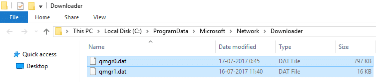 Dentro de la carpeta Downloader, elimine cualquier archivo que comience con Qmgr, por ejemplo, Qmgr0.dat, Qmgr1.dat, etc.