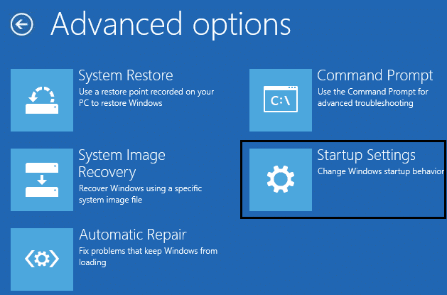 Configuración de inicio en opciones avanzadas