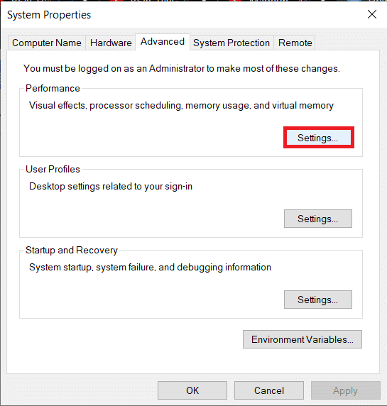 Haga clic en el botón Configuración... en el icono Rendimiento/Desactivar sombra paralela del escritorio en Windows 10