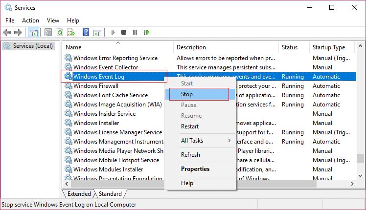 haga clic derecho en Registro de eventos de Windows y haga clic en Detener