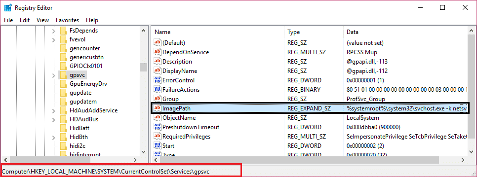 vaya a gpsvc y encuentre el valor de ImagePath