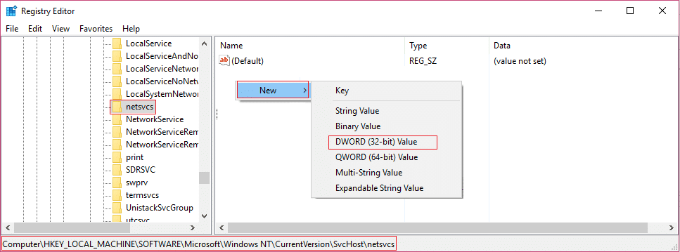 en netsvcs, haga clic con el botón derecho, luego seleccione Nuevo y luego valor DWORD de 32 bits