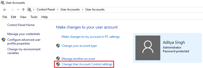 haga clic en Cambiar configuración de control de cuentas de usuario