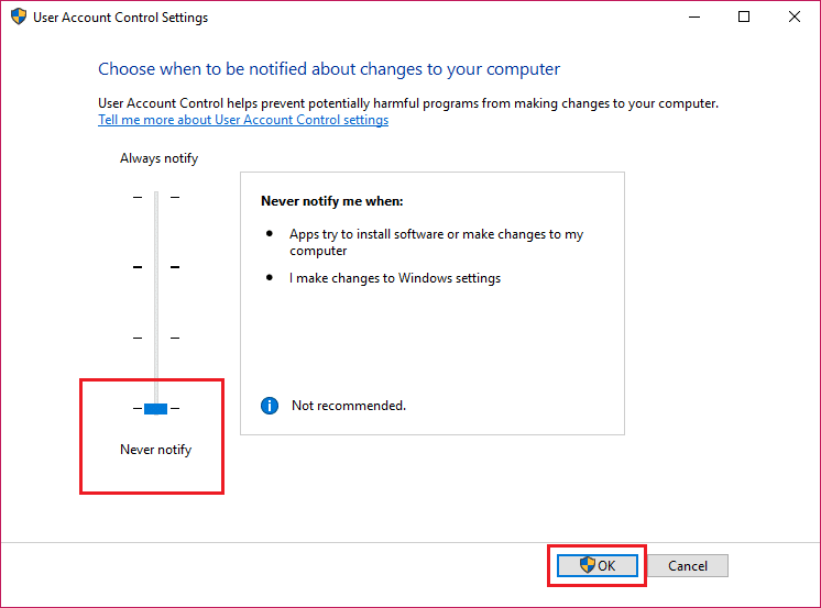 Mueva el control deslizante completamente hacia abajo para no notificar nunca