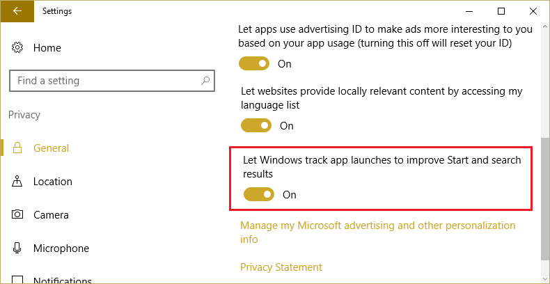 En Privacidad, asegúrese de activar la opción Permitir que Windows realice un seguimiento de los inicios de aplicaciones para mejorar los resultados de inicio y búsqueda.