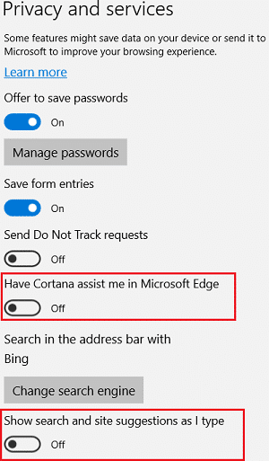 Deshabilitar Permitir que Cortana me ayude en Microsoft Edge y Mostrar búsqueda y sugerencias de sitios mientras escribo