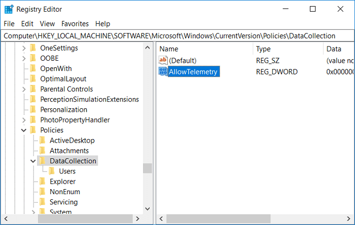 En el registro, vaya a Recopilación de datos en Políticas y luego haga doble clic en Permitir telemetría