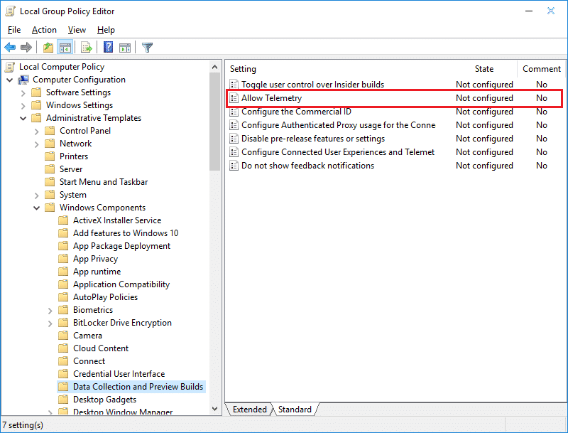 Seleccione Recopilación de datos y compilaciones de vista previa, luego haga doble clic en Permitir telemetría en la ventana gpedit.msc