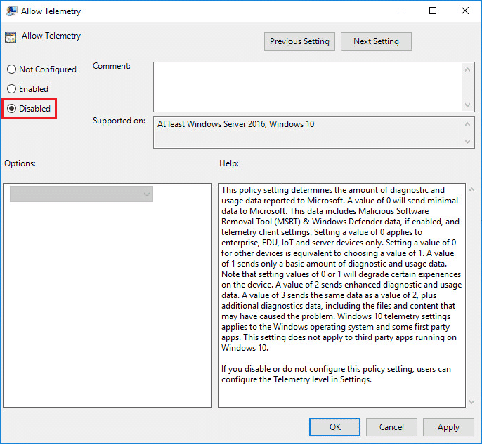 En la configuración de AllowTelemetry, seleccione Deshabilitado y luego haga clic en Aceptar