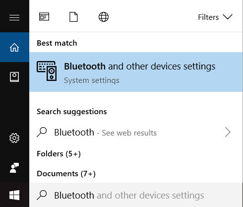 Desde Windows Search, escriba Bluetooth y luego haga clic en Bluetooth y otras configuraciones del dispositivo