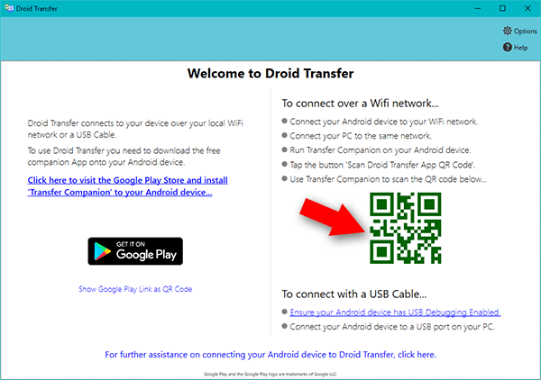 Escanee el código QR de la aplicación Droid Transfer usando la aplicación Transfer Companion en su dispositivo Android