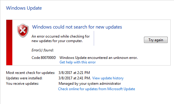 Arreglar el código de error de actualización de Windows 0x8007000D