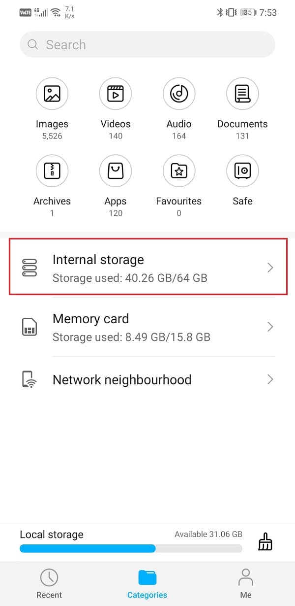 Toca la opción Almacenamiento interno |  Cómo transferir archivos desde el almacenamiento interno de Android a la tarjeta SD
