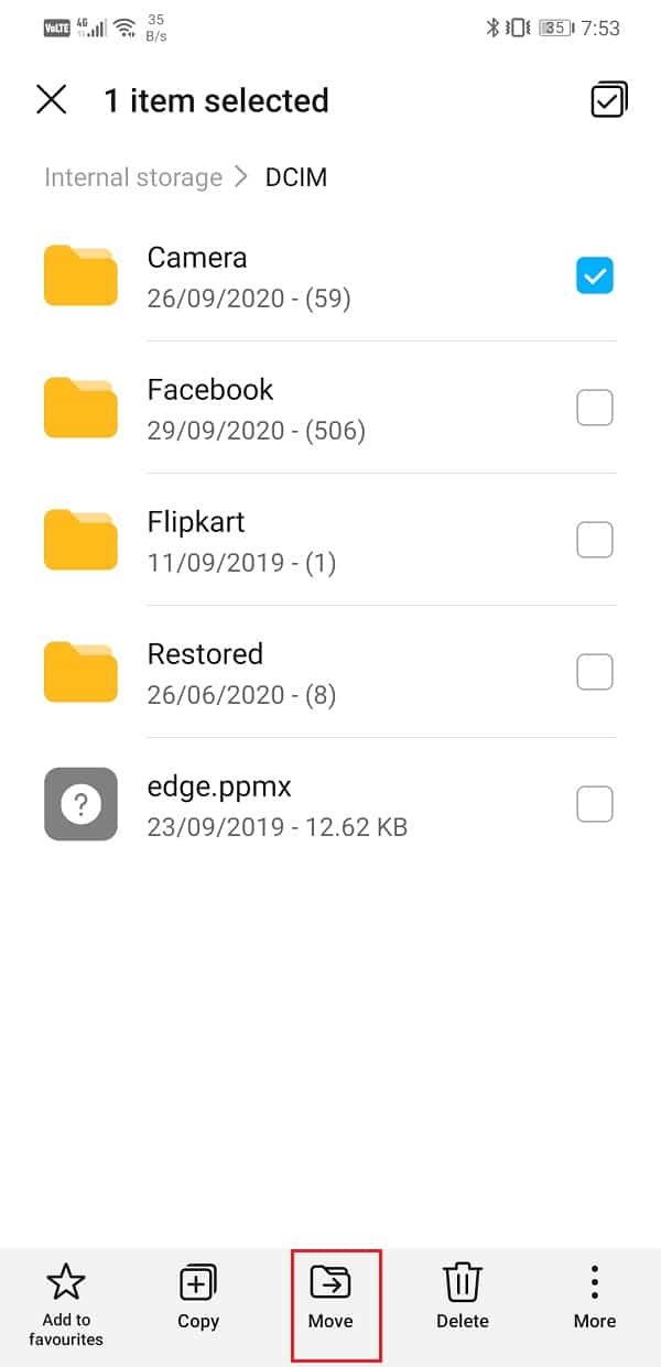 Toque la opción Mover en la parte inferior de la pantalla |  Cómo transferir archivos desde el almacenamiento interno de Android a la tarjeta SD