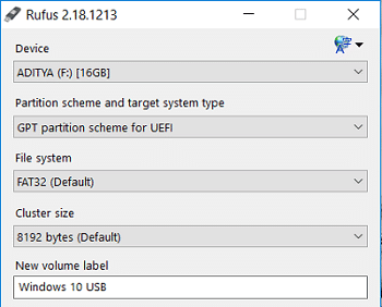 Seleccione su dispositivo USB y luego seleccione el esquema de partición GPT para UEFI