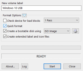 Marque el formato rápido, cree un disco de arranque usando una imagen ISO