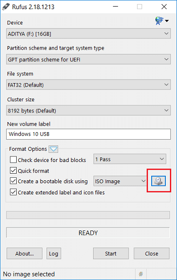 Ahora, en Crear un disco de arranque usando una imagen ISO, haga clic en el ícono de la unidad al lado