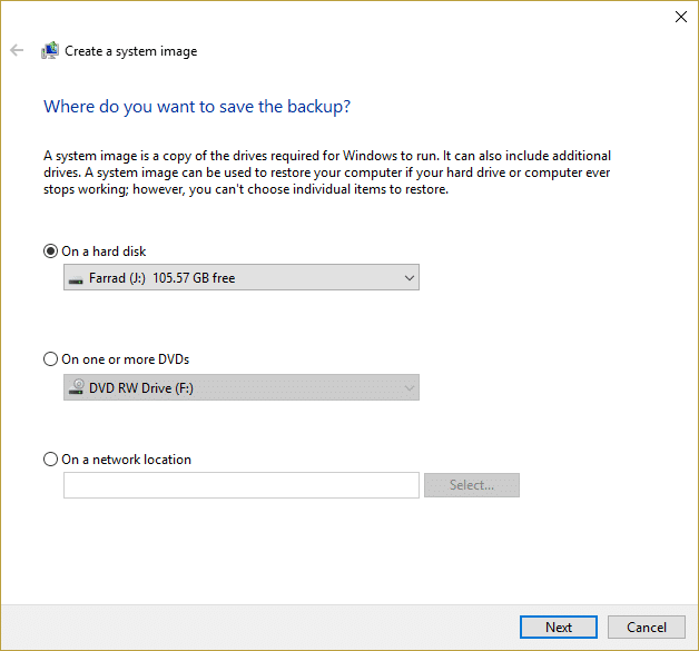 Seleccione dónde desea guardar la imagen del sistema |  Cómo crear una copia de seguridad de la imagen del sistema en Windows 10