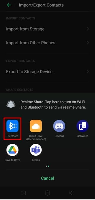 seleccione Bluetooth y transfiera los contactos a un nuevo teléfono.