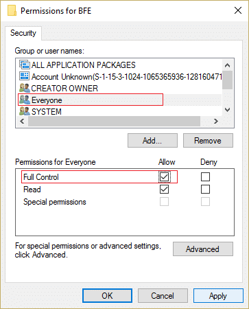 asegúrese de que Control total esté marcado para todos