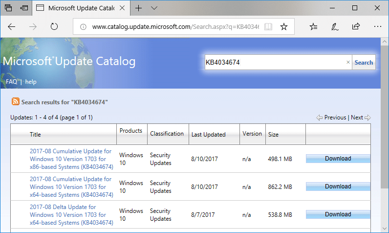 Abra Internet Explorer o Microsoft Edge y luego vaya al sitio web del Catálogo de actualizaciones de Microsoft