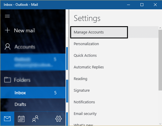 haga clic en administrar cuentas en Outlook