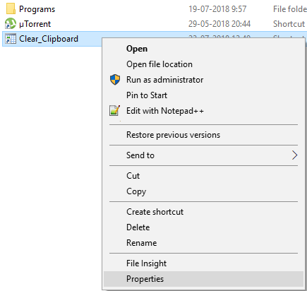 Haga clic derecho en el acceso directo Clear_Clipboard y seleccione Propiedades