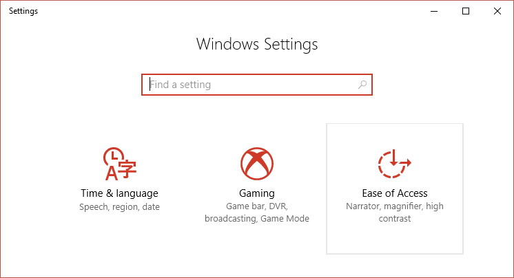 Seleccione Facilidad de acceso desde la configuración de Windows