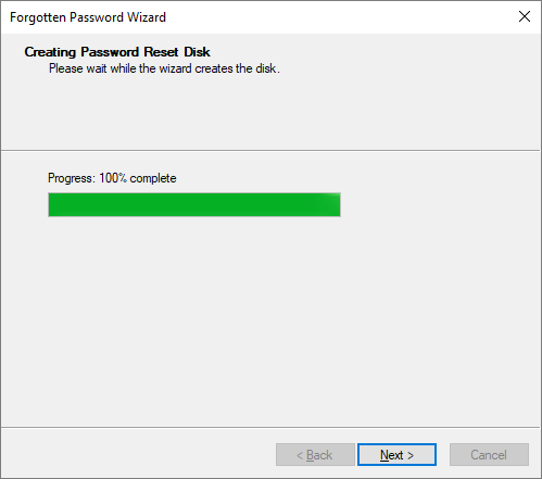 Progreso de creación de disco de restablecimiento de contraseña |  Cómo crear un disco de restablecimiento de contraseña en Windows 10