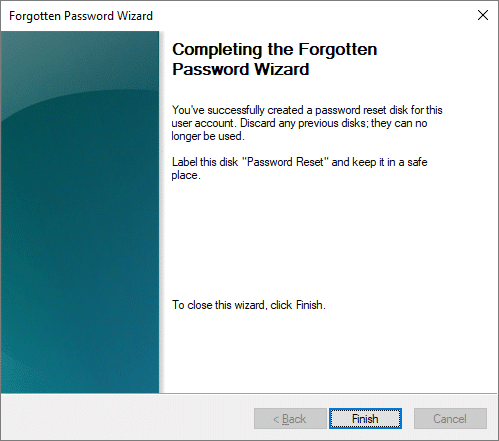 Haga clic en Finalizar para completar con éxito el asistente de creación de disco de restablecimiento de contraseña