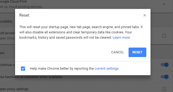 Restablecer Chrome para corregir No se puede conectar al servidor proxy en Windows 10
