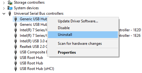 Expanda los controladores de bus serie universal y luego desinstale todos los controladores USB