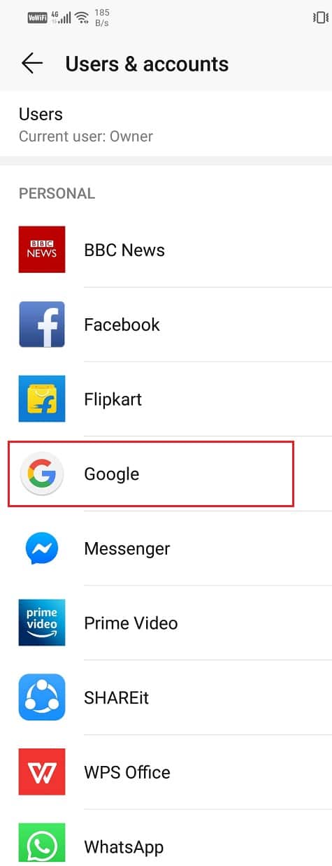 Haga clic en la opción Google |  Arreglar las notificaciones de Gmail que no funcionan en Android