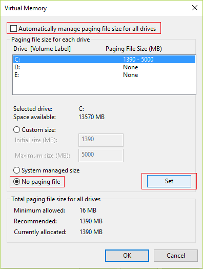 Desmarque Administrar automáticamente el tamaño del archivo de paginación para todas las unidades y luego marque Sin archivo de paginación