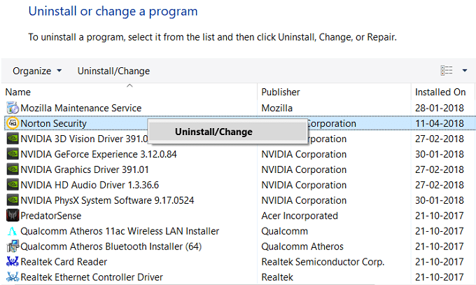 Haga clic derecho en productos Norton como Norton Security y luego seleccione Desinstalar
