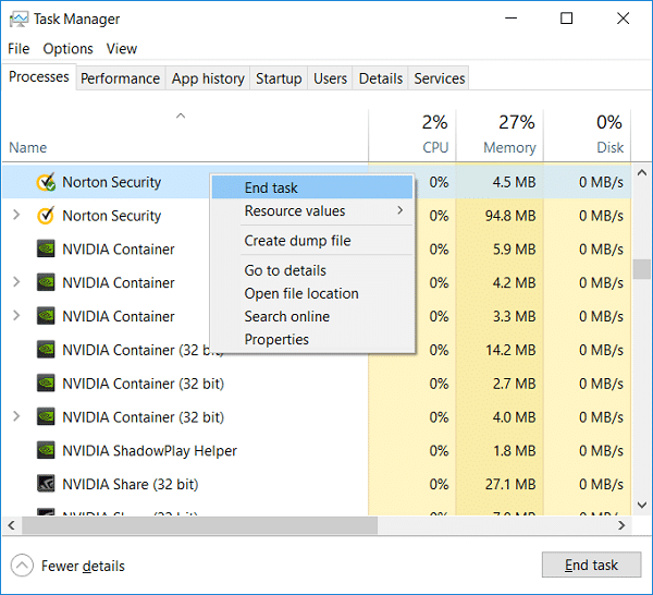 Haga clic derecho en Norton Security y luego seleccione Finalizar tarea en el Administrador de tareas